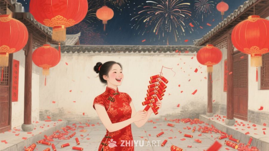 女子手持鞭炮，庭院庆祝节日 714