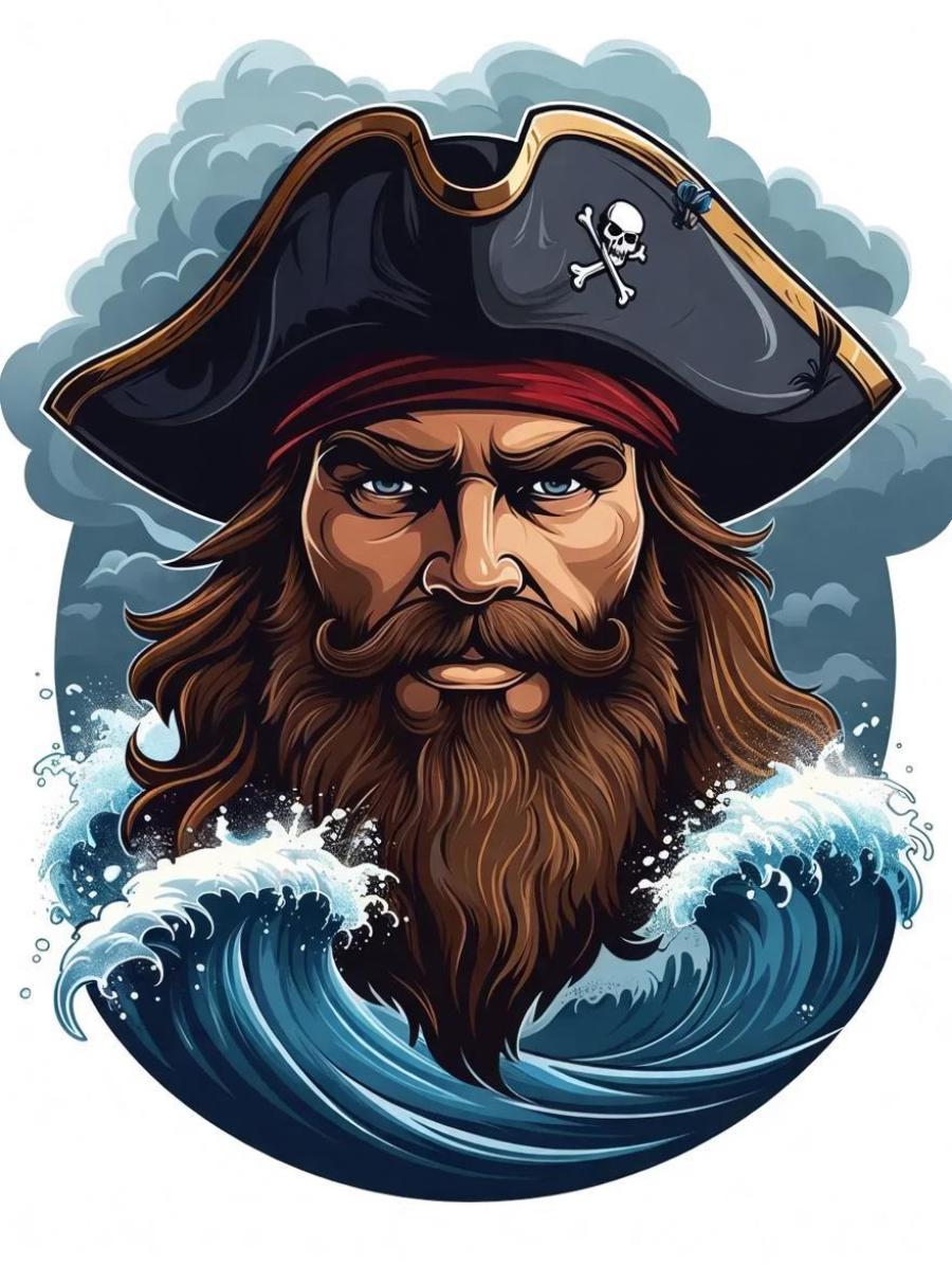 一个粗犷的海盗船长头像，长着浓密的胡须，戴着三角帽