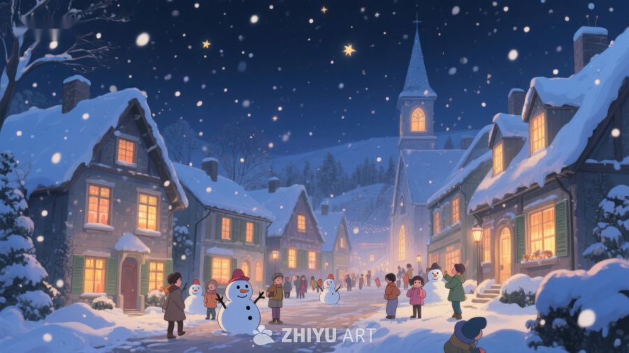 雪夜小镇的温馨节日场景 463