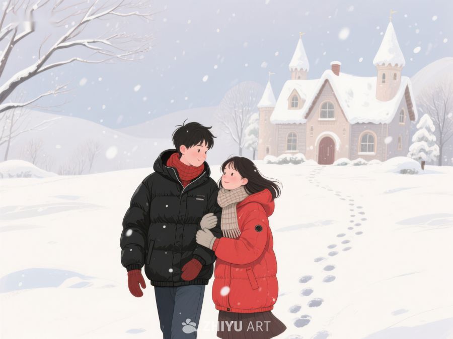 冬日雪景中的情侣漫步 130