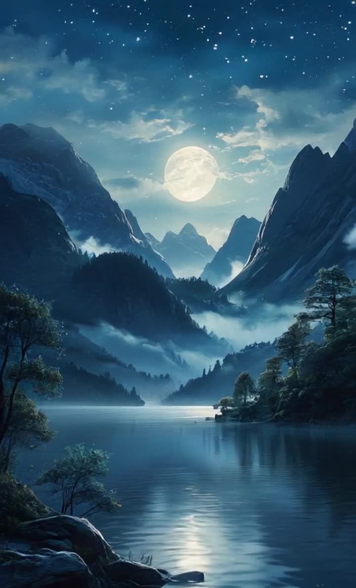 月夜山水：湖光山色映月，云雾缭绕静谧夜景。