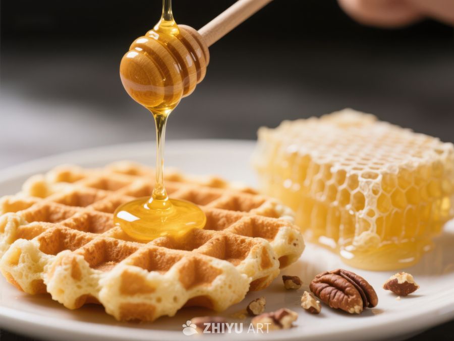 蜂蜜浇灌在松饼上的美味瞬间