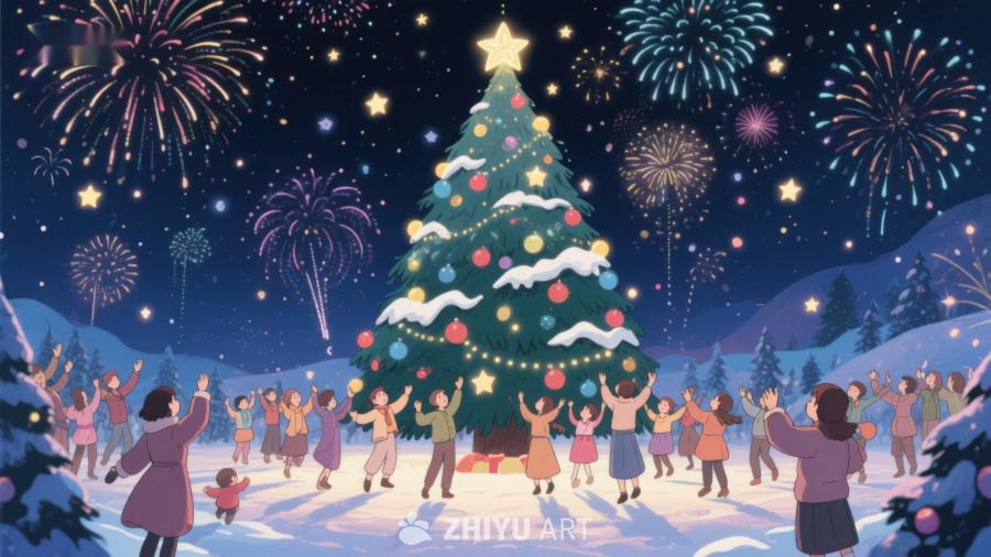 冬夜烟花下的圣诞树与欢庆人群 133