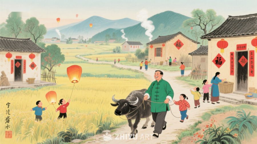 乡村新春，农夫牵牛，孩童放灯 948
