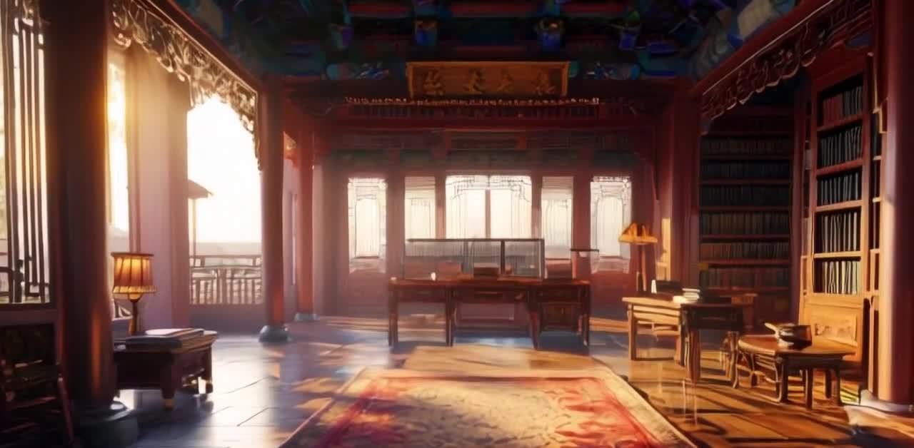 一间古色古香的房间，天花板绘有精美的图案。房间里，