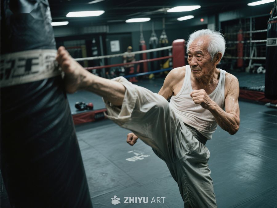 老人在健身房进行踢拳训练 514