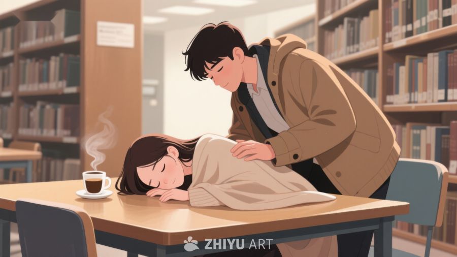 图书馆中温馨一幕：男子轻抚熟睡女子 352