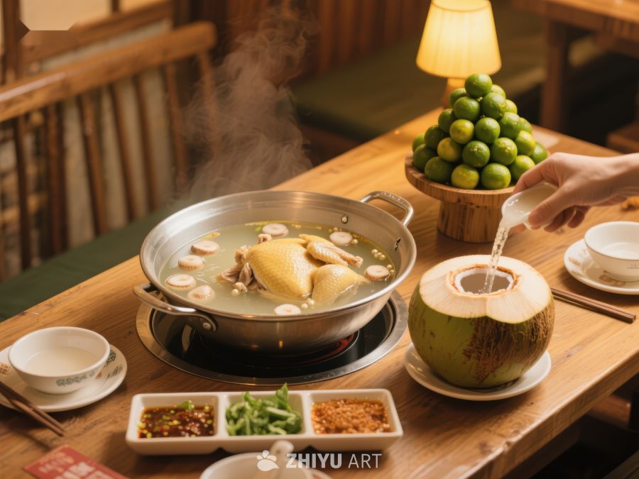 椰子鸡汤热气腾腾，桌上美食诱人 829