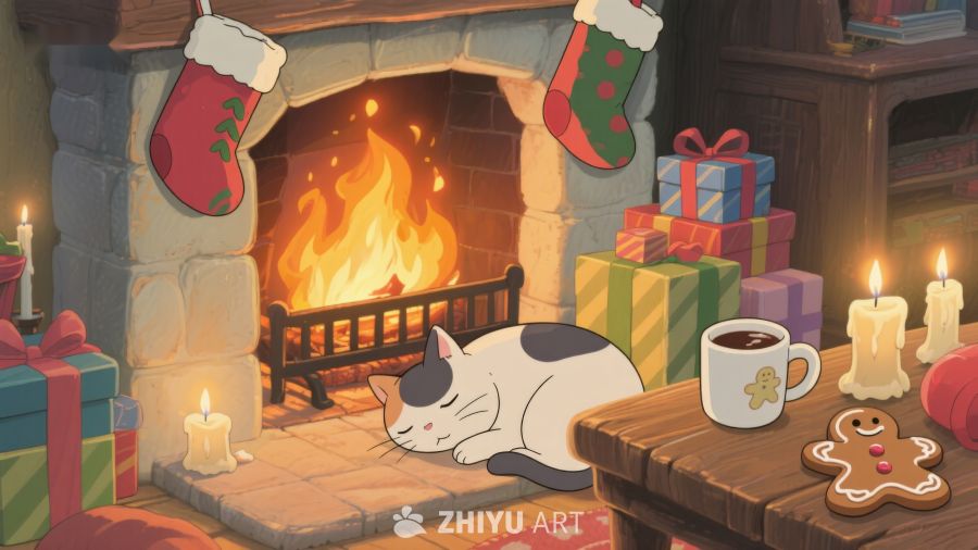 圣诞夜炉边熟睡的猫咪 229