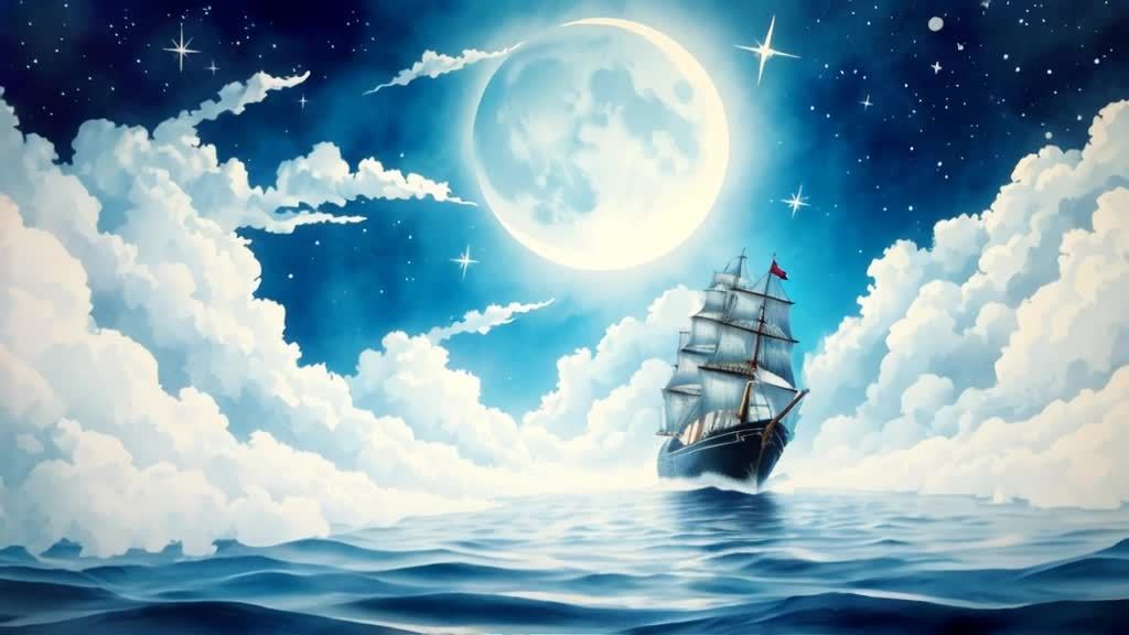 一艘帆船在海面上航行，天空中有满月和星星，周围有云