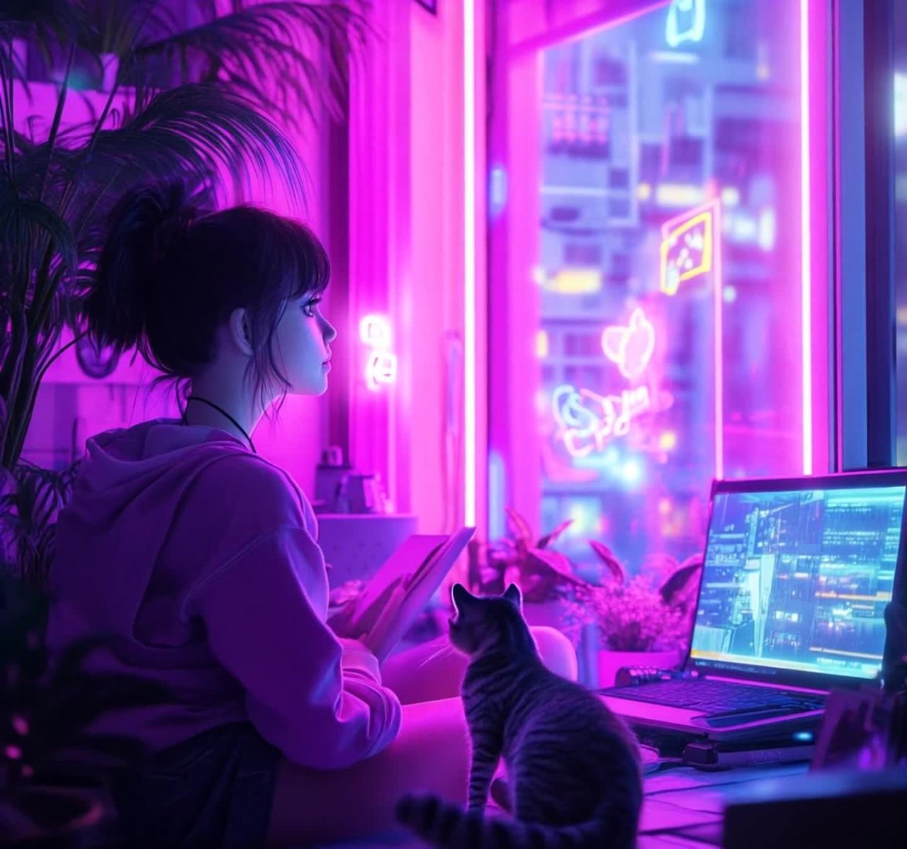一位年轻女性坐在电脑前，她穿着紫色连帽衫，扎着马尾