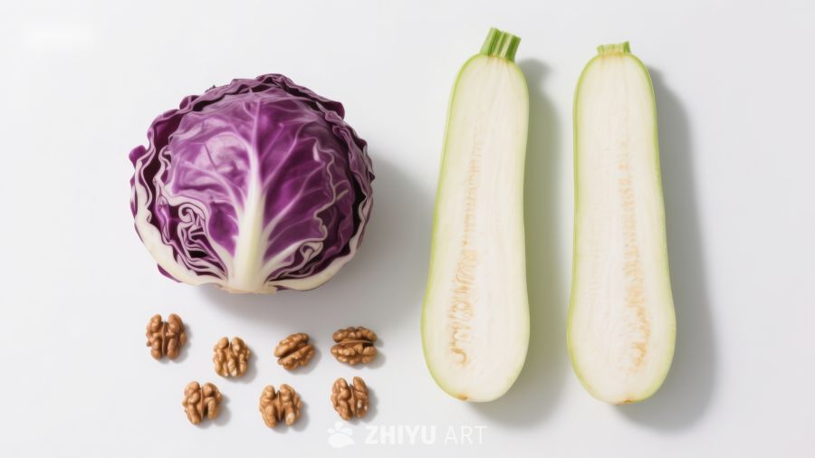 紫甘蓝、西葫芦与核桃的静物摆拍