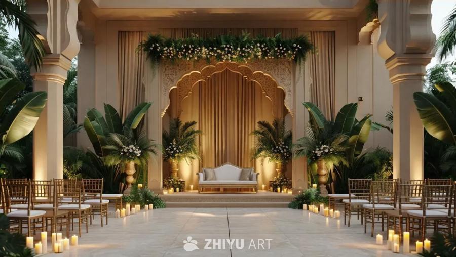 一个热带夏季婚礼装饰场景，使用了镀金树叶和烛光，呈