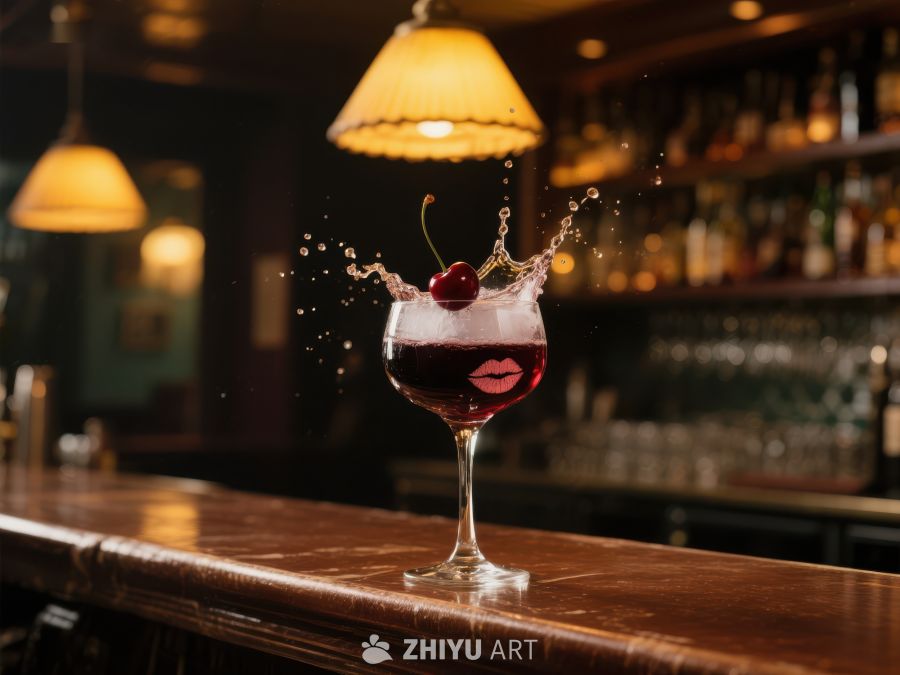 酒吧鸡尾酒杯中的樱桃飞溅瞬间 343
