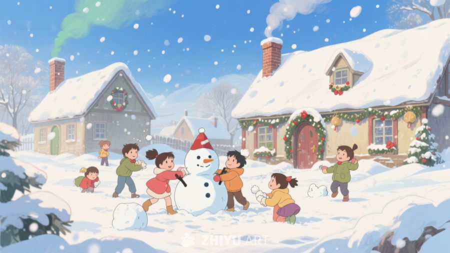 冬日雪景中孩子们堆雪人 28