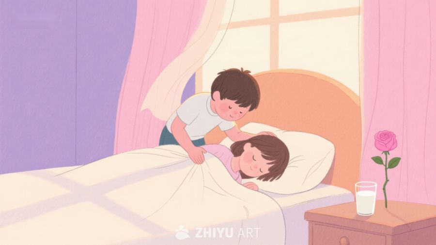 男孩轻柔为女孩盖被子 238