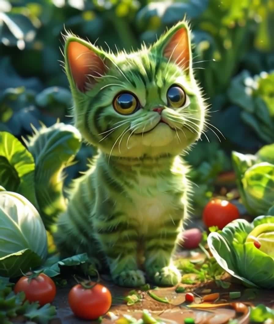 菜地里的大眼绿条纹小猫与卷心菜和西红柿