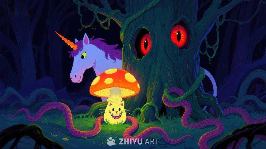 神秘森林中的独角兽与魔幻树