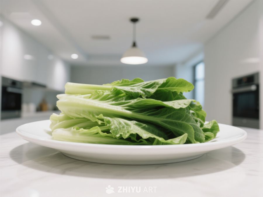 新鲜生菜置于现代厨房的白色盘中 526