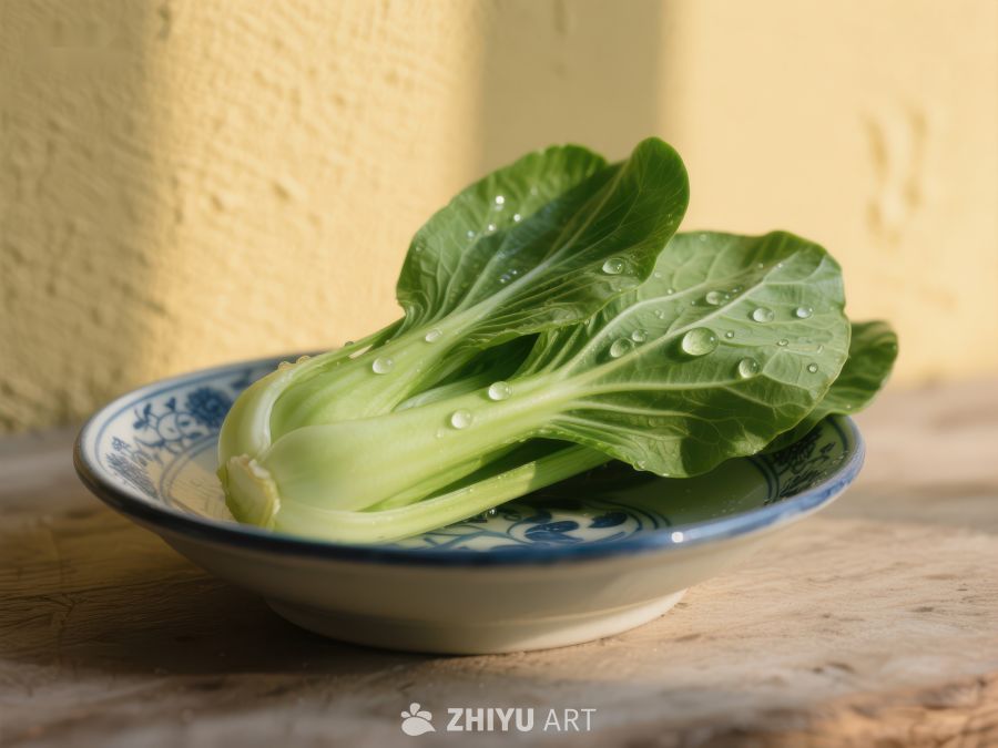 青菜置于瓷碗中，阳光洒落 338