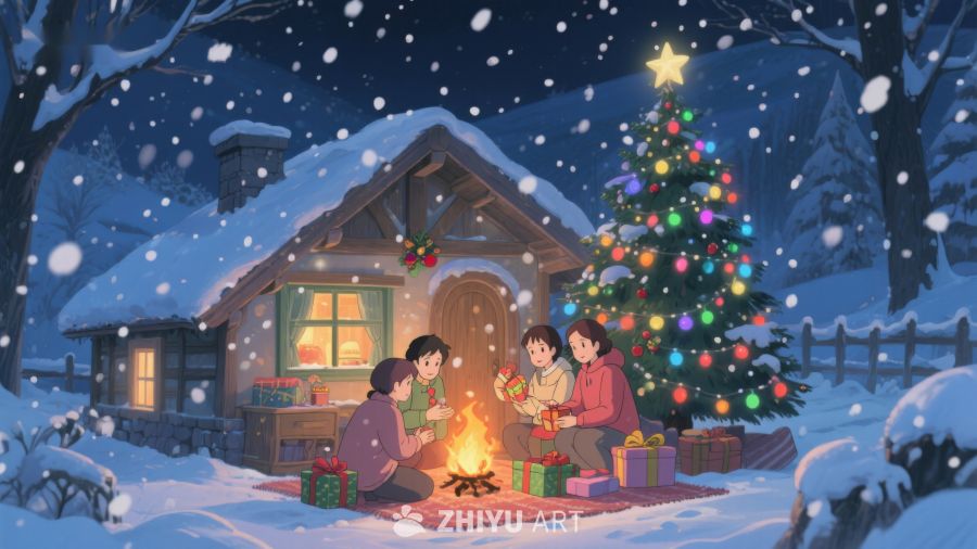 雪夜温馨圣诞树下家庭聚会 427