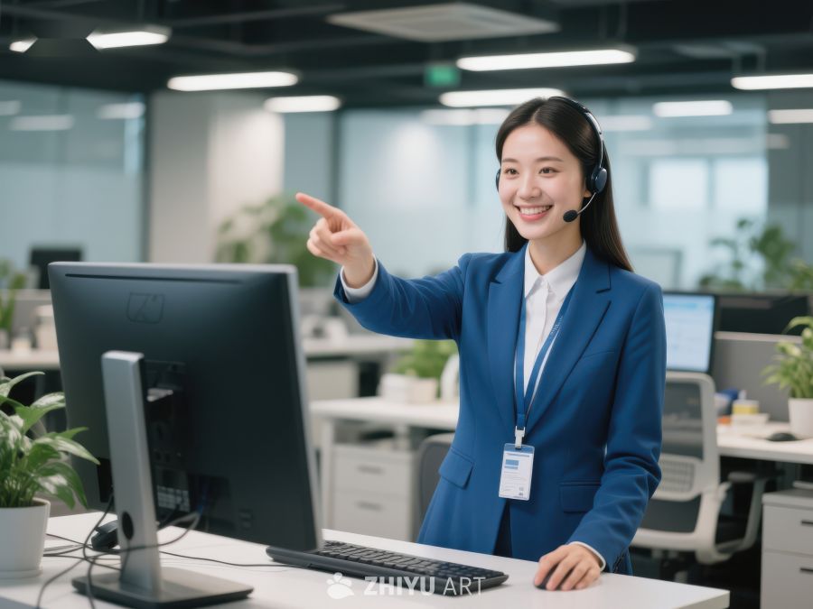 办公室客服人员微笑指向电脑 7