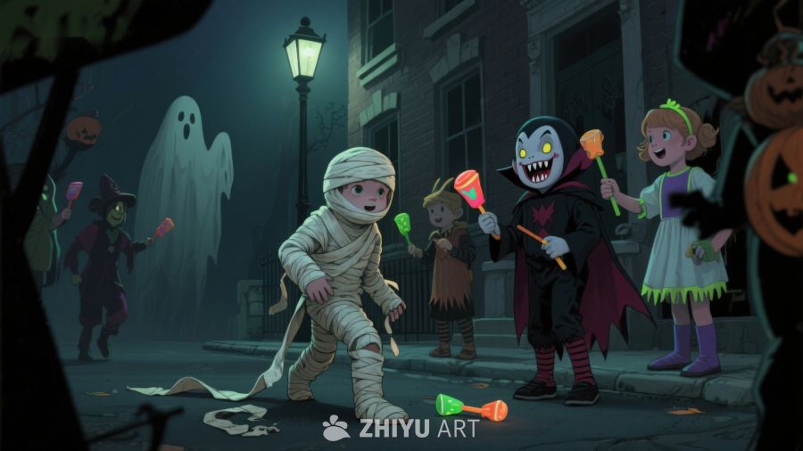 万圣节夜晚，孩子们装扮成各种角色
