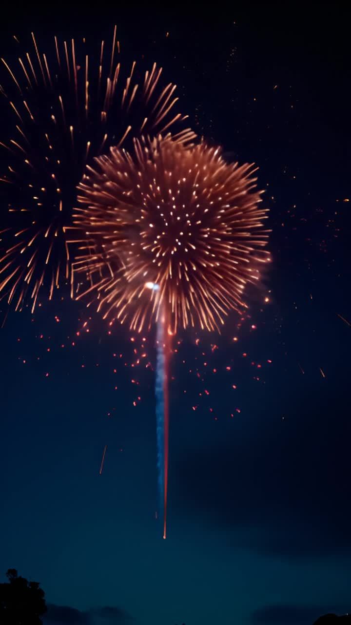 天空中有绽放的烟花，散发出光芒。烟花呈现出圆形和条