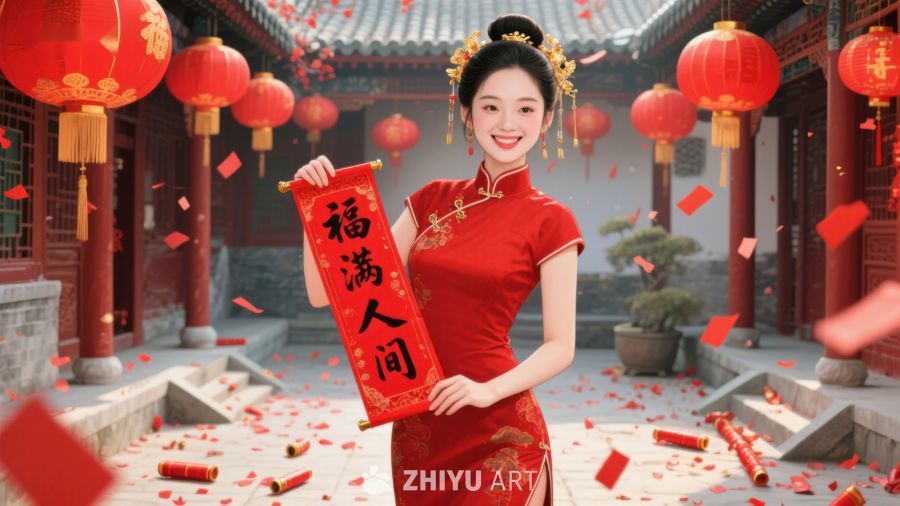 女子身着红裙手持福字庆祝节日 693