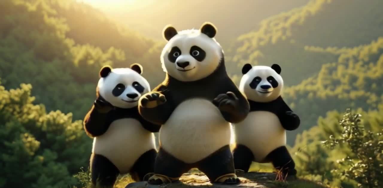 山间站立的功夫熊猫摆出手势