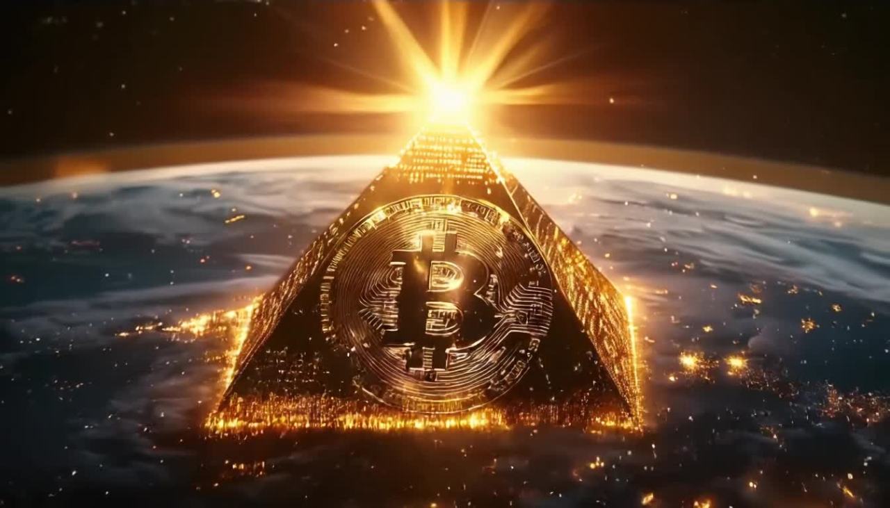 金字塔中心闪耀着光芒的金色比特币漂浮在地球上方。