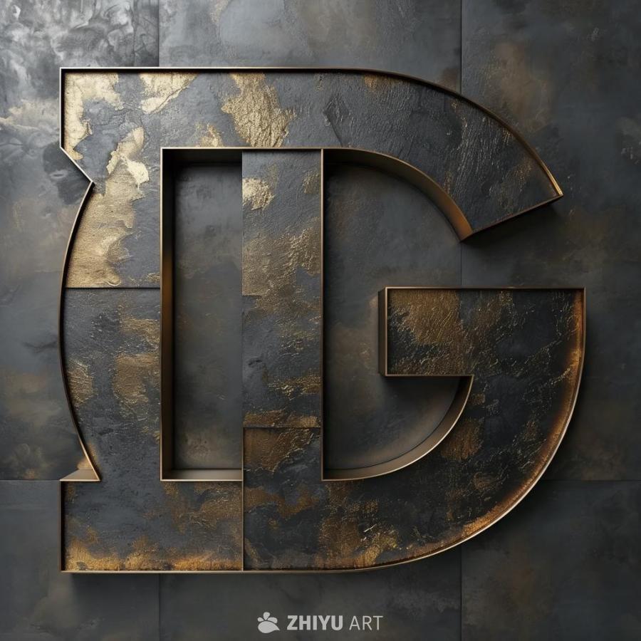 一个由深色纹理材料构成的字母“DG”的立体造型，带