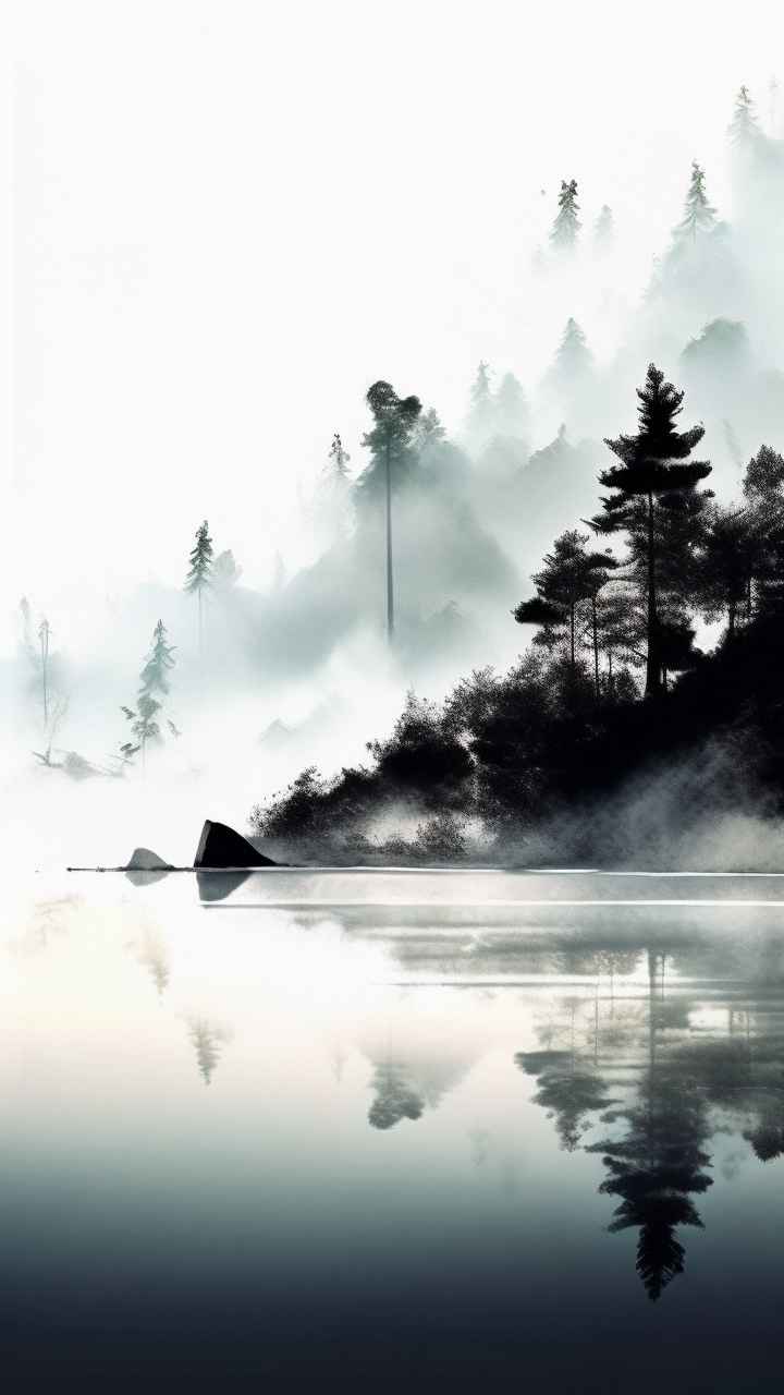 雾气缭绕水墨山水画简约风格 57