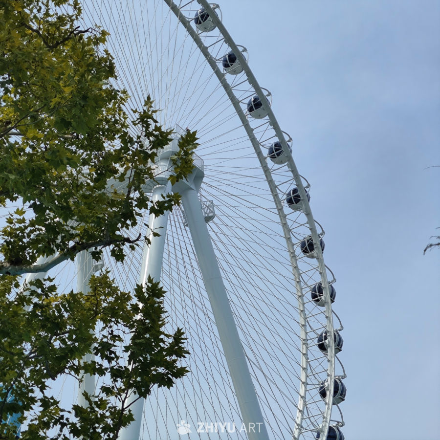 蓝天下的摩天轮与绿叶