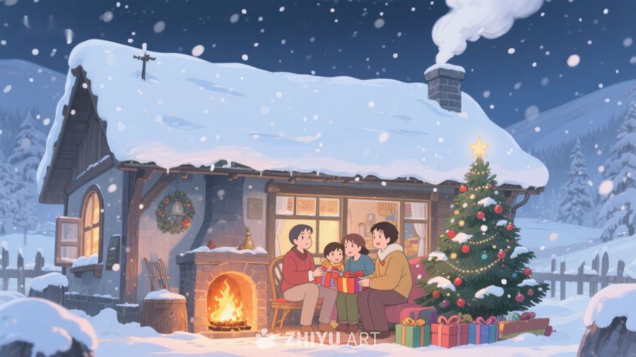 雪夜温馨家庭圣诞场景 377