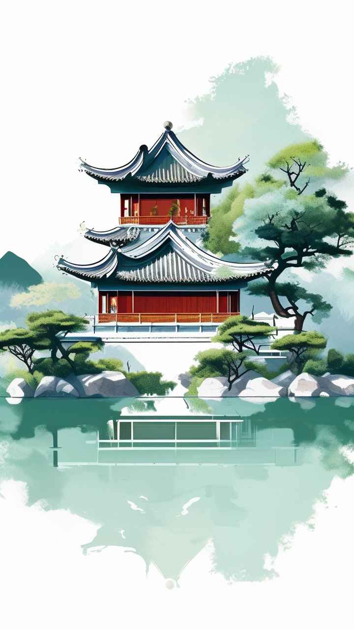 中国画园林植物水亭子插画 30