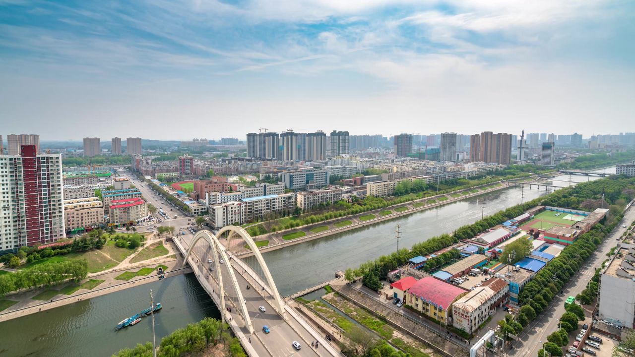 城市河流彩虹桥西瞰延时