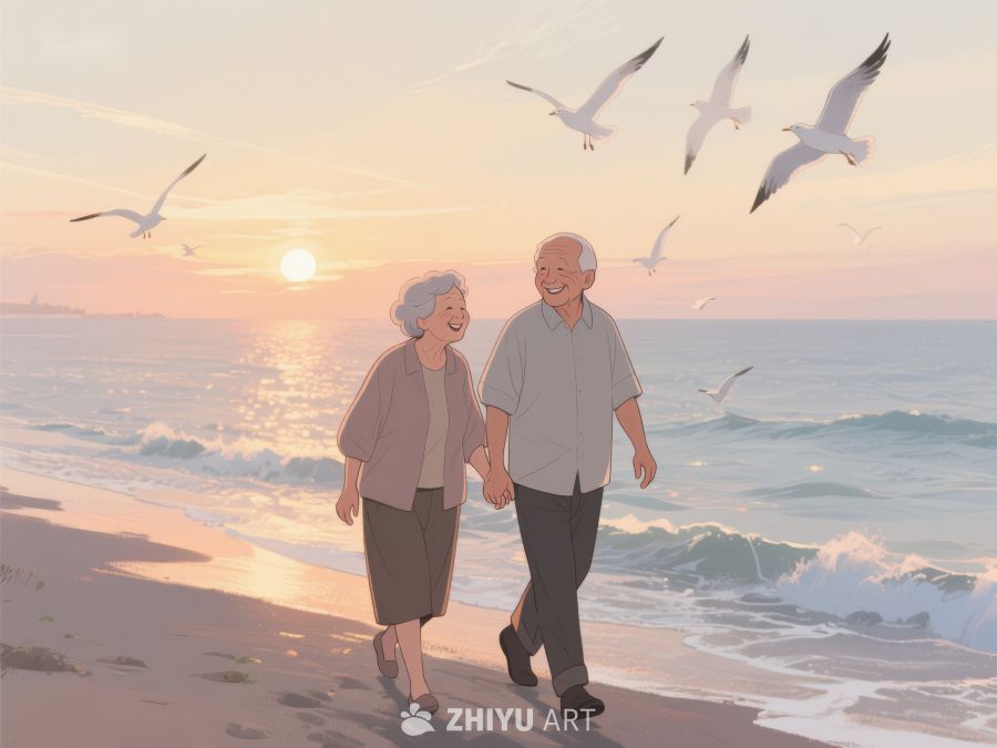 夕阳下漫步海滩的老年夫妇 947