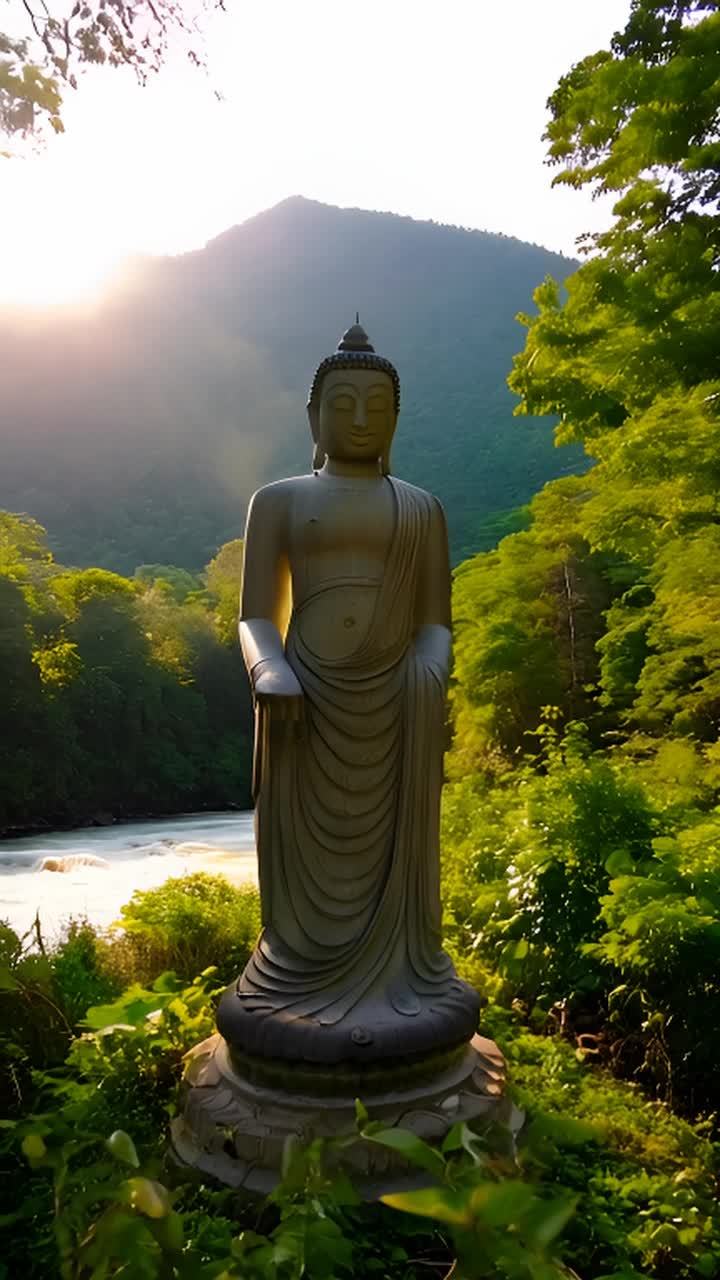 一尊佛像矗立在郁郁葱葱的森林中，旁边是一条缓缓流淌