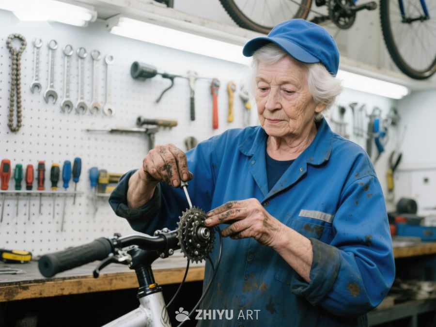 资深女性在车间修理自行车 910