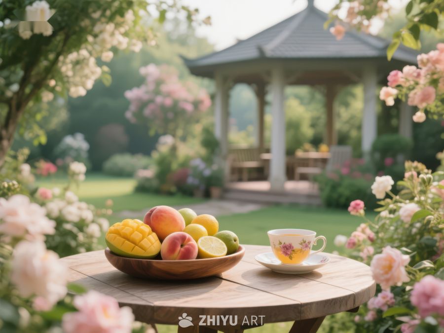 花园凉亭旁的水果与茶 248