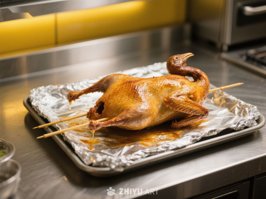 烤鸭准备上架，色泽金黄诱人