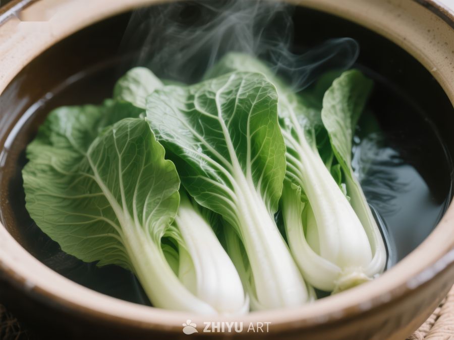 热气腾腾的青菜煮汤 600