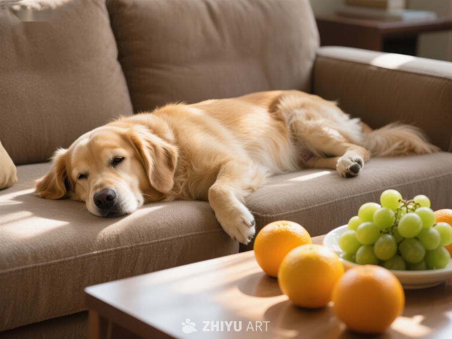 金毛犬在沙发上休息，前方摆放水果 286