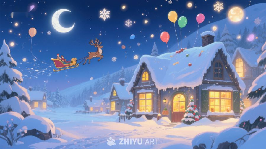 雪夜圣诞村，驯鹿拉着雪橇飞过 371