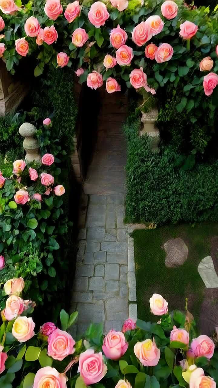 一个神秘的花园里，古老的攀缘玫瑰相互交织，它们的藤