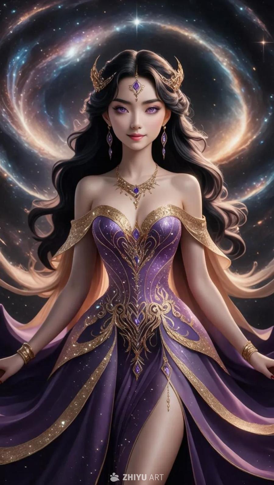 一位美丽的女子身穿华丽的紫色和金色礼服，紫色眼睛引