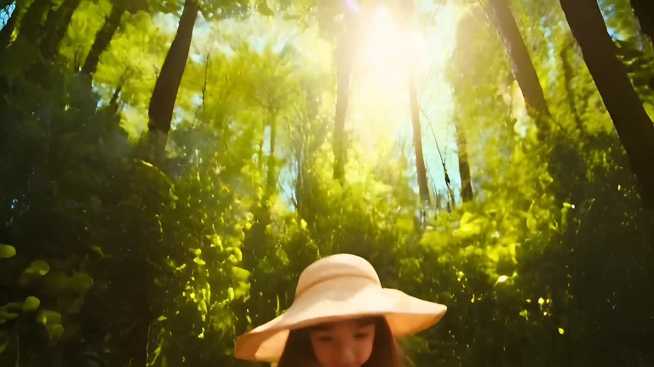 阳光穿过树叶，在树木茂密的区域形成斑驳的光影。镜头