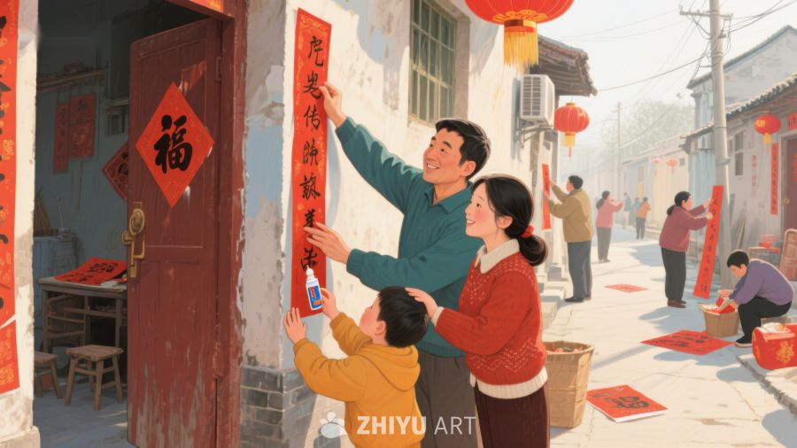 家庭张贴春联，喜迎新春 590