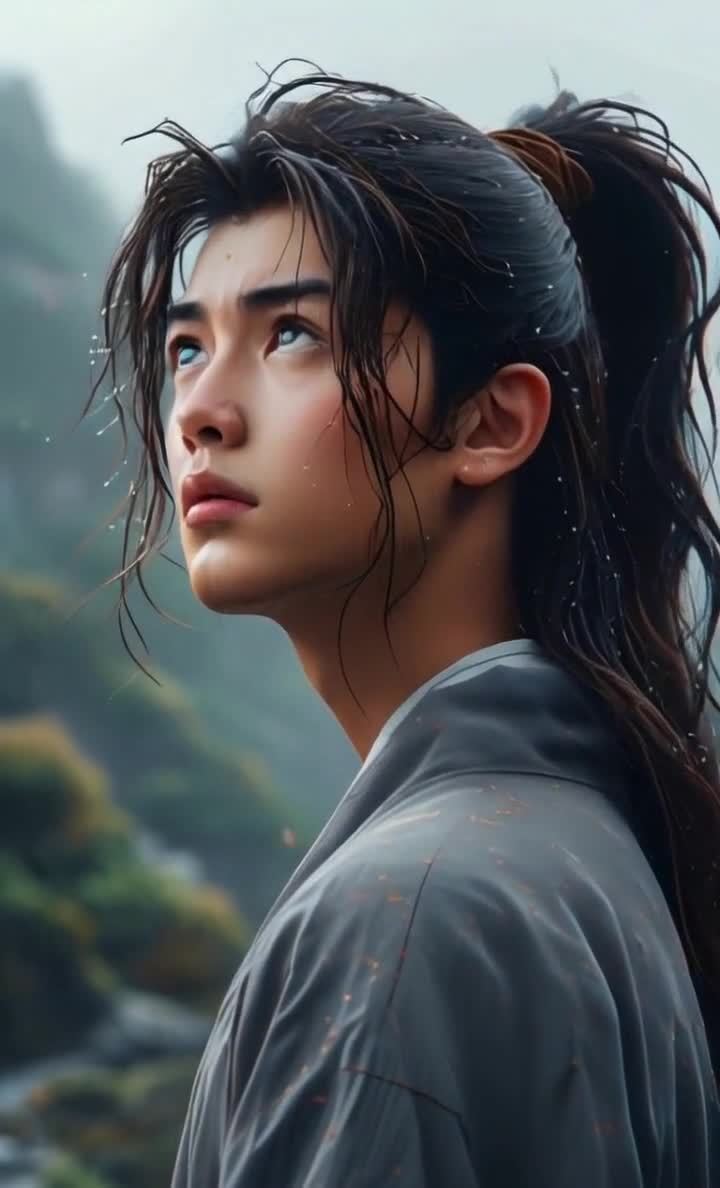 一个有着深色长发的男子，头发扎成马尾，身穿灰色服装